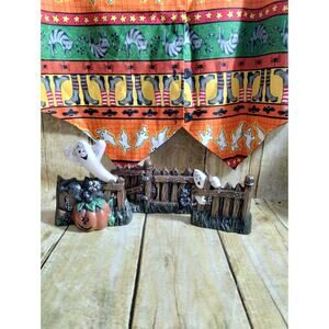 Vtg Halloween Fence Ghost Jack O Lantern Cat Ceramic Anthropomorphic Set Of 3